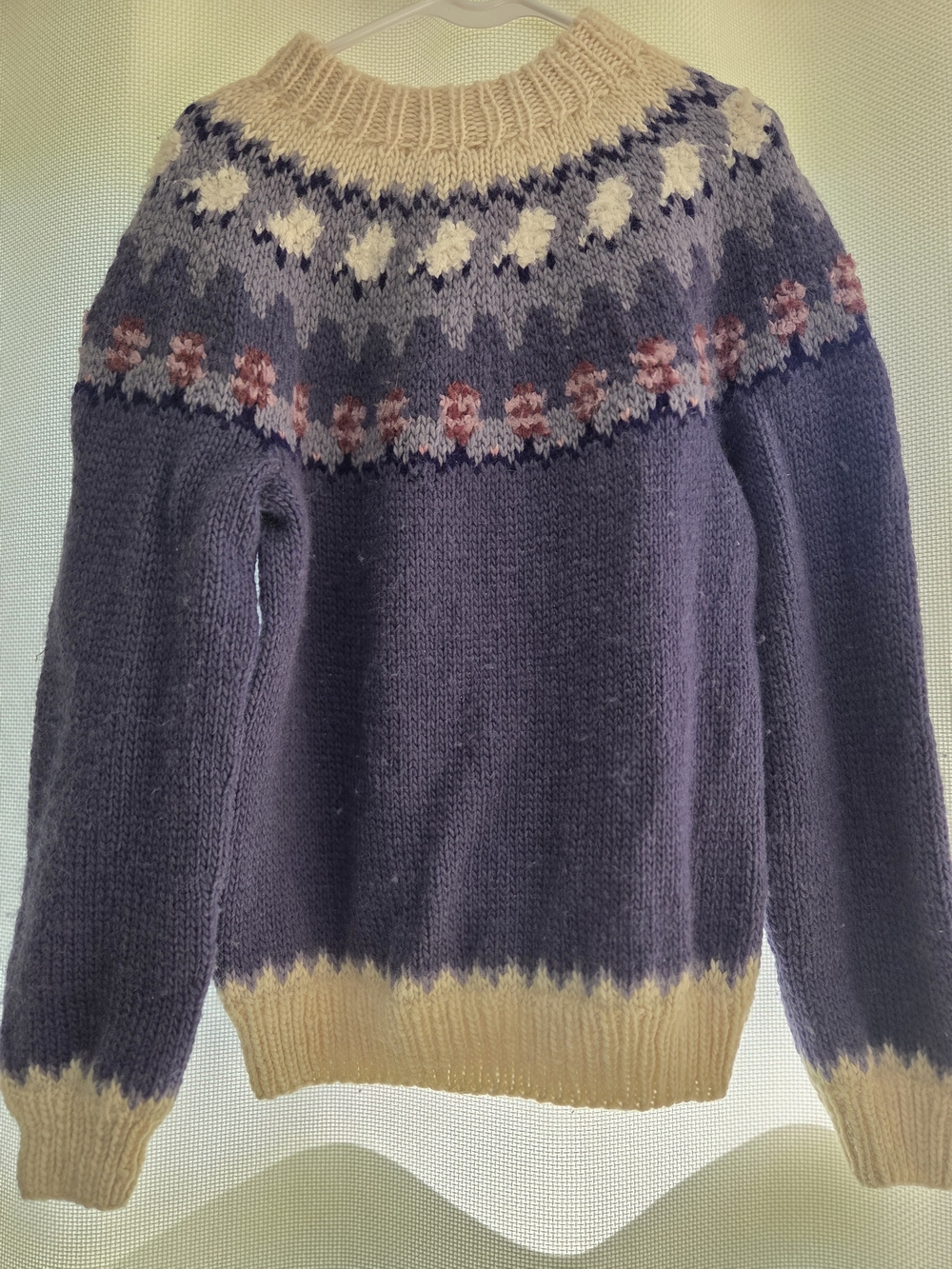L.L. Bean Rare Vintage Sheeps In A Row -Cream and Purple Handknit Wool Sweater